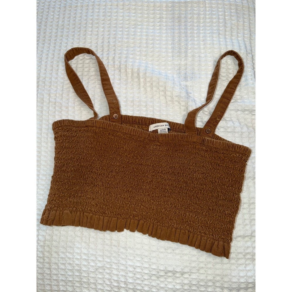 American Eagle Smocked Corduroy Crop Top Womens Medium Brown Ruffle Camisole